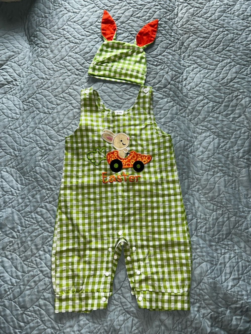 Unisex Green Gingham Easter Bunny Romper with Hat